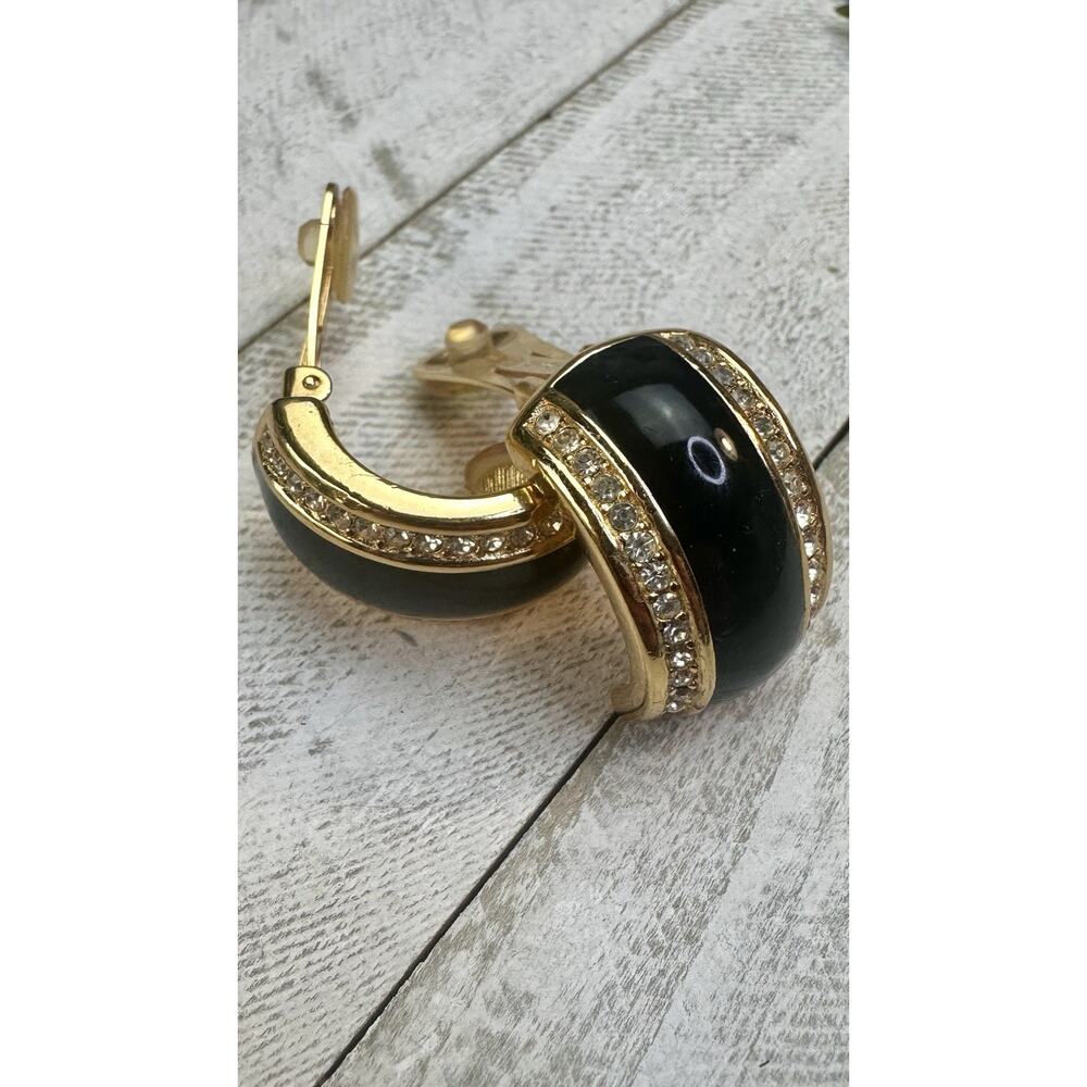 Christian Dior Vtg 1980s Black Enamel Pave Rhinestone Necklace Clip Earrings Set - Picture 3 of 13